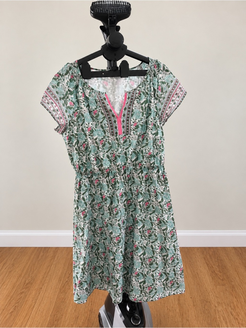 Talbots Green Floral Cotton Dress with Pink Trim